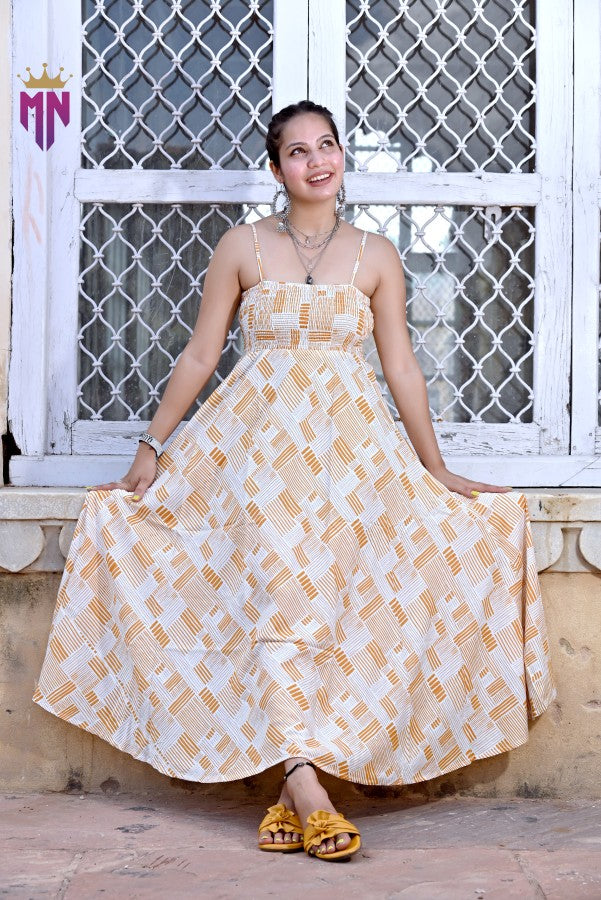 Women’s Yellow & White Geometric Cotton Maxi Dress | Spaghetti Strap Smocked Bust Long Dress