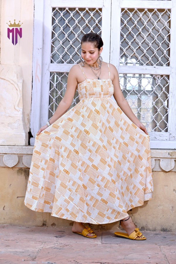 Women’s Yellow & White Geometric Cotton Maxi Dress | Spaghetti Strap Smocked Bust Long Dress