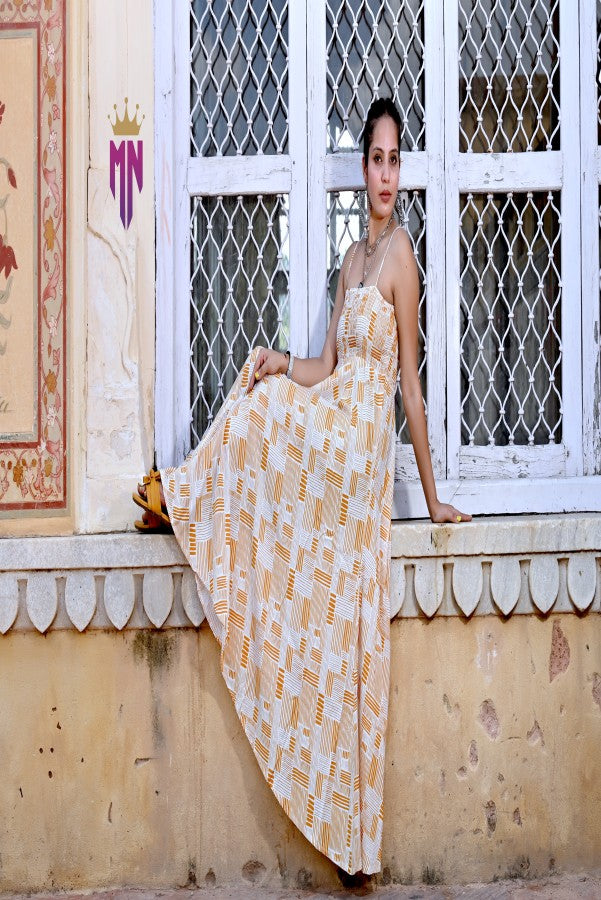 Women’s Yellow & White Geometric Cotton Maxi Dress | Spaghetti Strap Smocked Bust Long Dress