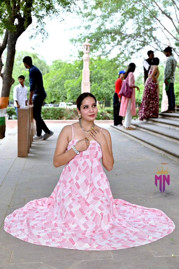 Women’s Pink & White Geometric Cotton Maxi Dress | Smocked Bust Spaghetti Strap Long Dress