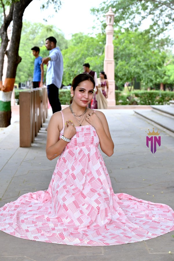 Women’s Pink & White Geometric Cotton Maxi Dress | Smocked Bust Spaghetti Strap Long Dress