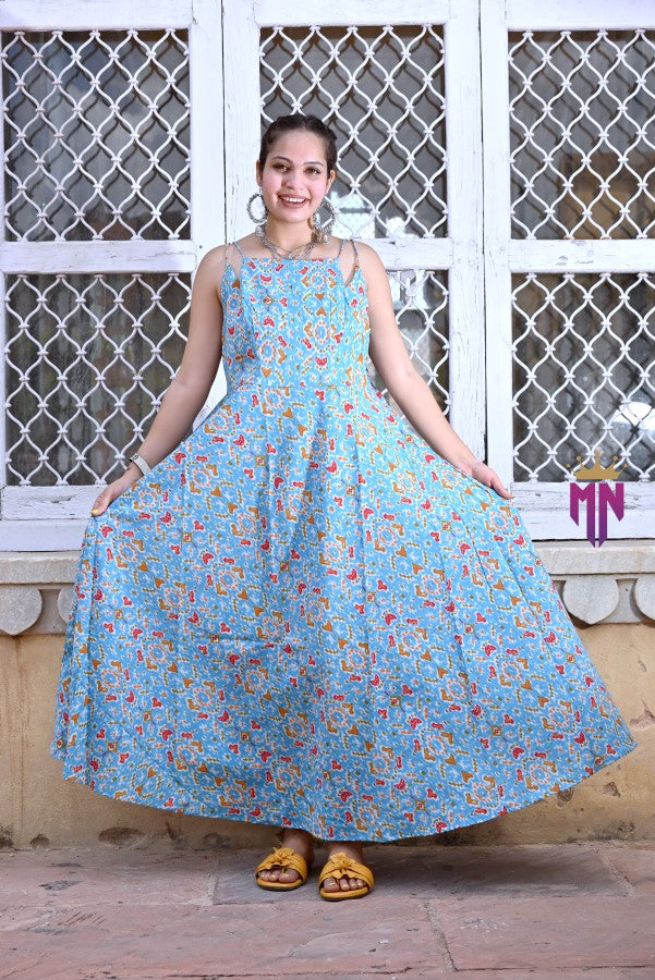 Women’s Blue Cotton Printed Maxi Dress | Ikat Print Flared Long Dress with Spaghetti Straps