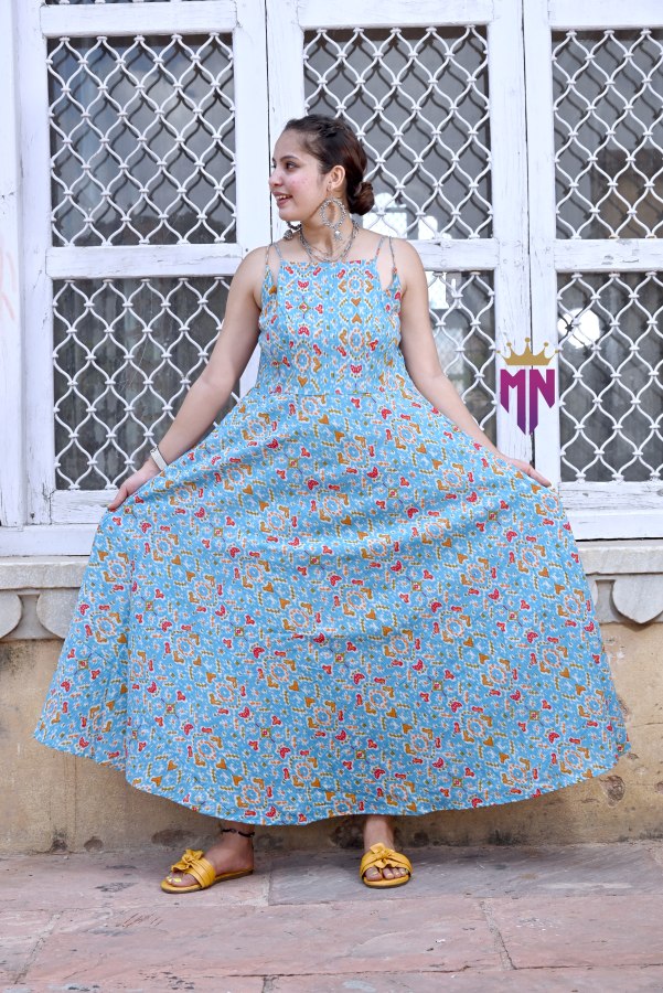 Women’s Blue Cotton Printed Maxi Dress | Ikat Print Flared Long Dress with Spaghetti Straps