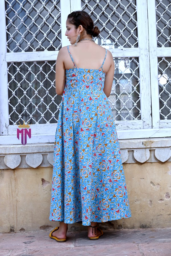 Women’s Blue Cotton Printed Maxi Dress | Ikat Print Flared Long Dress with Spaghetti Straps
