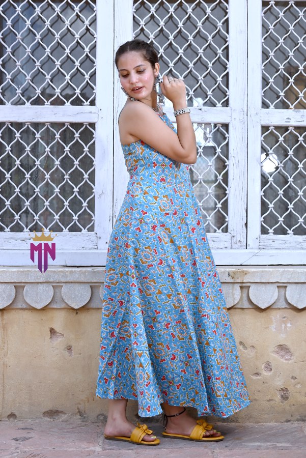 Women’s Blue Cotton Printed Maxi Dress | Ikat Print Flared Long Dress with Spaghetti Straps