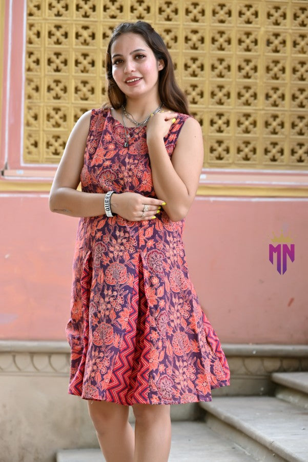 Women’s Maroon & Orange Cotton Printed A-Line Dress | Sleeveless Casual & Festive Wear Dress