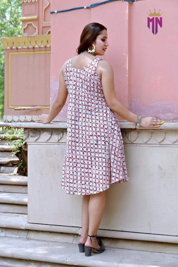 Women’s White & Red Printed Cotton Sleeveless Knee-Length Dress | Casual Summer A-Line Dress