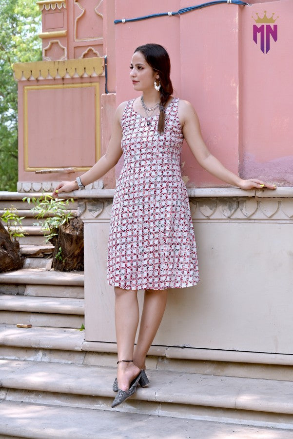 Women’s White & Red Printed Cotton Sleeveless Knee-Length Dress | Casual Summer A-Line Dress