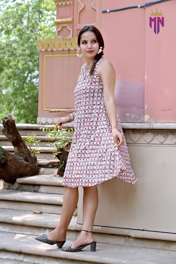 Women’s White & Red Printed Cotton Sleeveless Knee-Length Dress | Casual Summer A-Line Dress