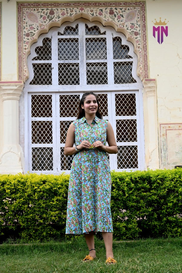 Women’s Green Multicolor Printed Cotton Sleeveless Shirt Collar Midi Dress | Casual Summer Cotton Dress