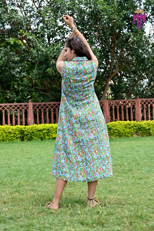 Women’s Green Multicolor Printed Cotton Sleeveless Shirt Collar Midi Dress | Casual Summer Cotton Dress