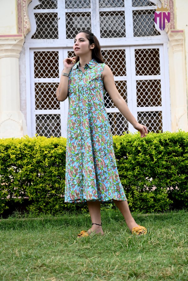 Women’s Green Multicolor Printed Cotton Sleeveless Shirt Collar Midi Dress | Casual Summer Cotton Dress