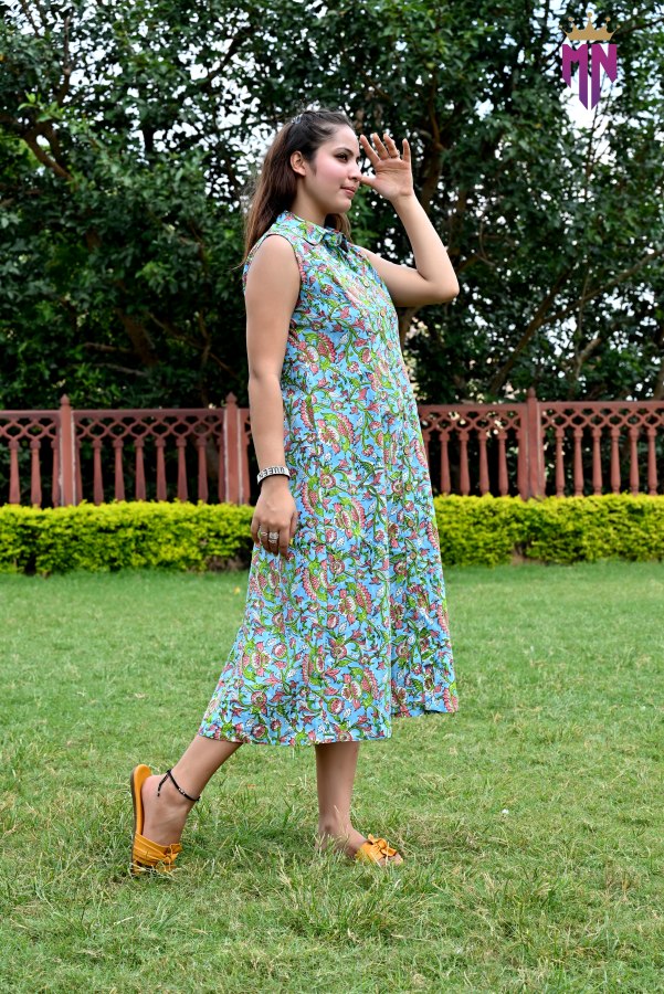 Women’s Green Multicolor Printed Cotton Sleeveless Shirt Collar Midi Dress | Casual Summer Cotton Dress
