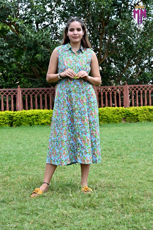 Women’s Green Multicolor Printed Cotton Sleeveless Shirt Collar Midi Dress | Casual Summer Cotton Dress