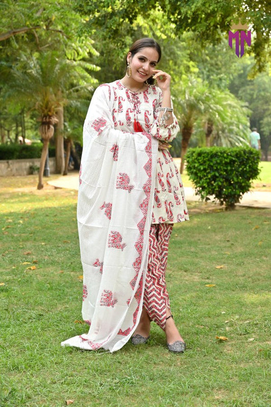 Cotton Dhoti Pant Kurta Set with Dupatta for Women | Printed Ethnic Wear Suit Set