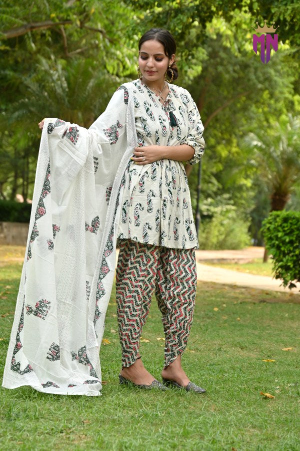 Cotton Dhoti Pant Kurta Set with Dupatta for Women | Printed Summer Ethnic Wear