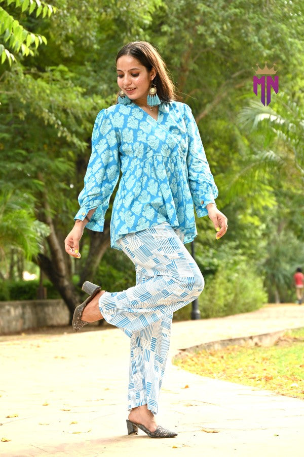 Women’s Cotton Printed Co-ord Set | Stylish Blue Top & Pant for Daily & Office Wear