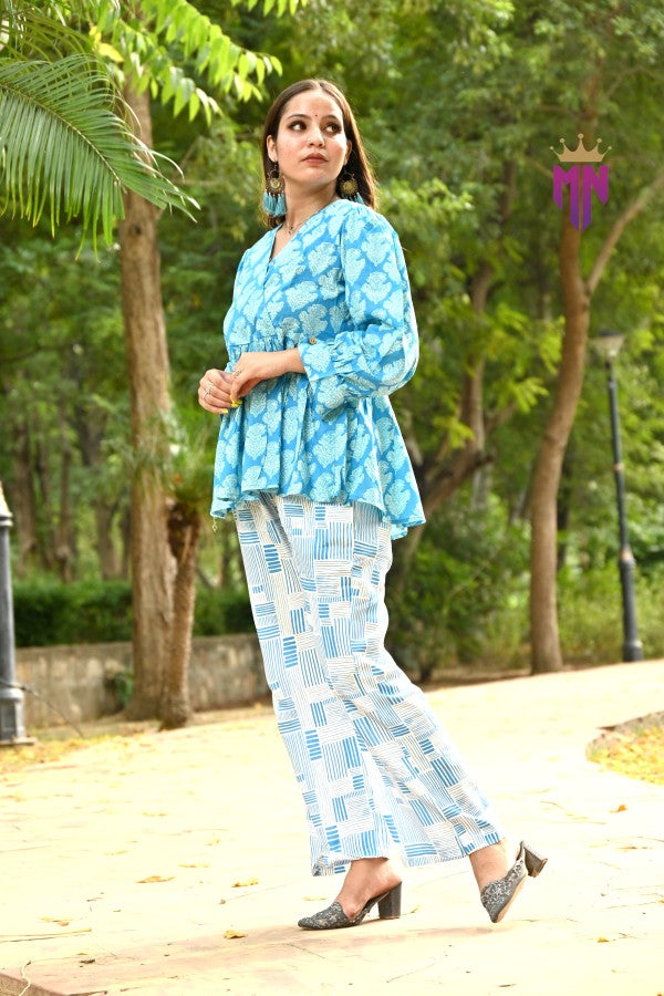 Women’s Cotton Printed Co-ord Set | Stylish Blue Top & Pant for Daily & Office Wear