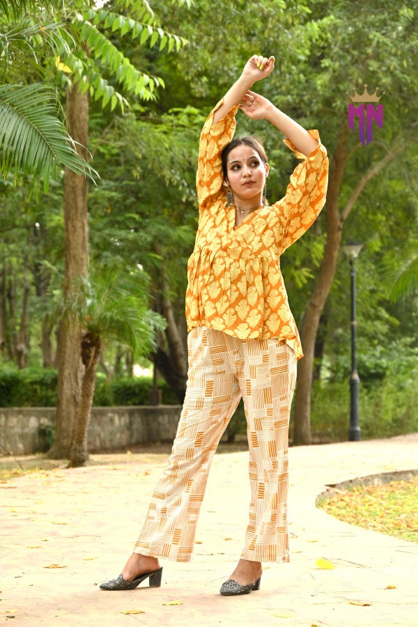 Women’s Cotton Printed Co-ord Set | Elegant Yellow Top & Pant for Daily, Office & Casual Wear
