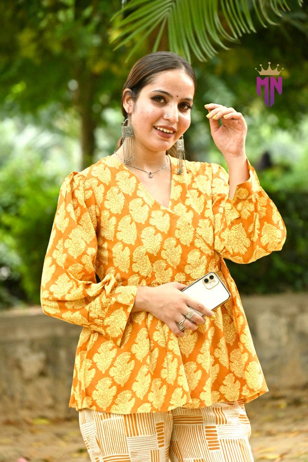 Women’s Cotton Printed Co-ord Set | Elegant Yellow Top & Pant for Daily, Office & Casual Wear