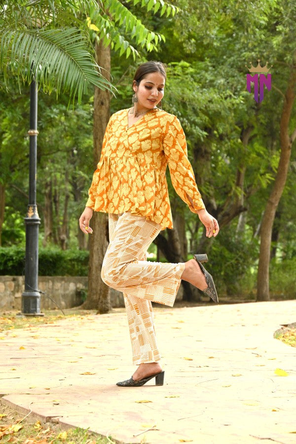 Women’s Cotton Printed Co-ord Set | Elegant Yellow Top & Pant for Daily, Office & Casual Wear