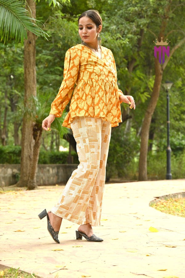 Women’s Cotton Printed Co-ord Set | Elegant Yellow Top & Pant for Daily, Office & Casual Wear