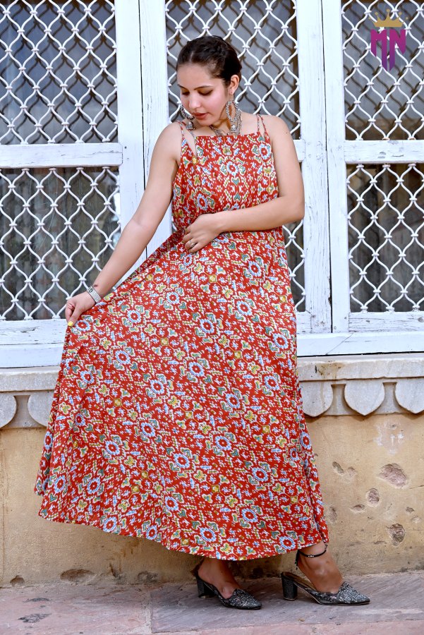 Women’s Sleeveless Cotton Maxi Dress | Boho Printed Red Long Dress for Summer & Casual Wear