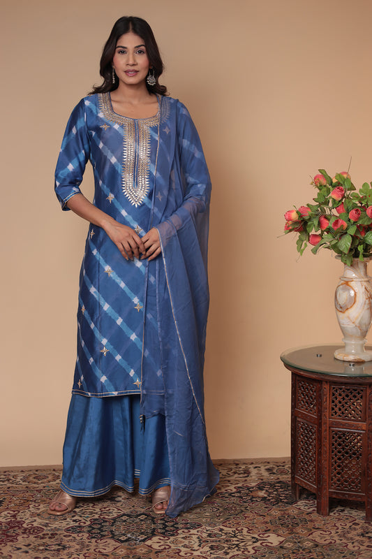 Blue Chanderi Silk Kurta Sharara Set: Indian Wedding Outfit