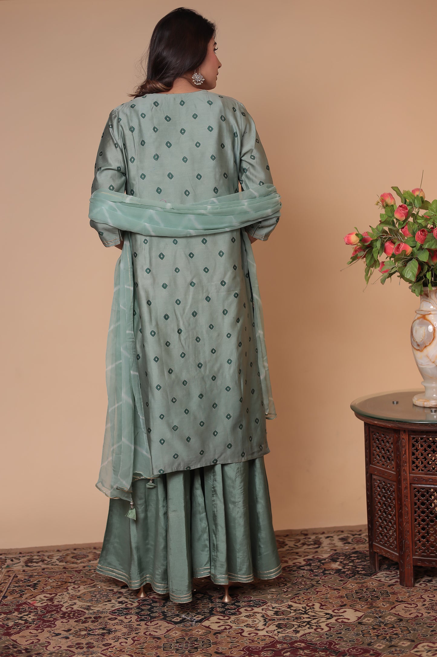 Green Kurta Sharara Set , Embroidered Indian Outfit Party Wear Suit