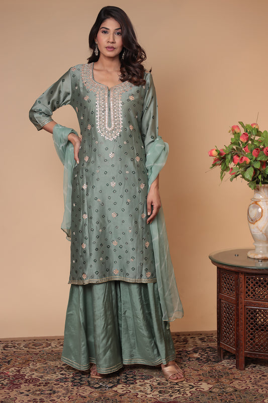 Green Kurta Sharara Set , Embroidered Indian Outfit Party Wear Suit