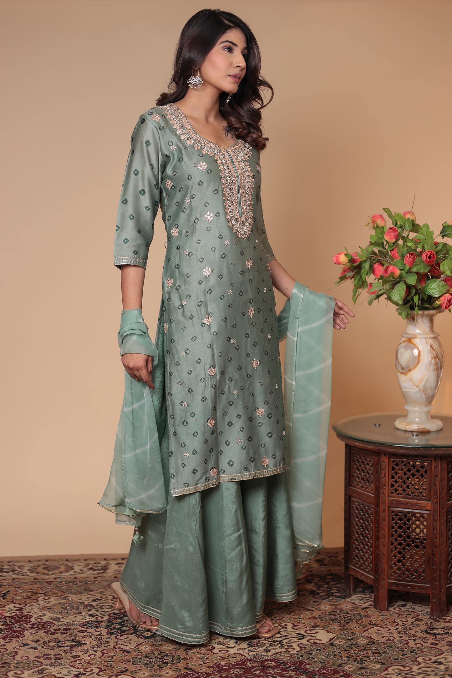 Green Kurta Sharara Set , Embroidered Indian Outfit Party Wear Suit