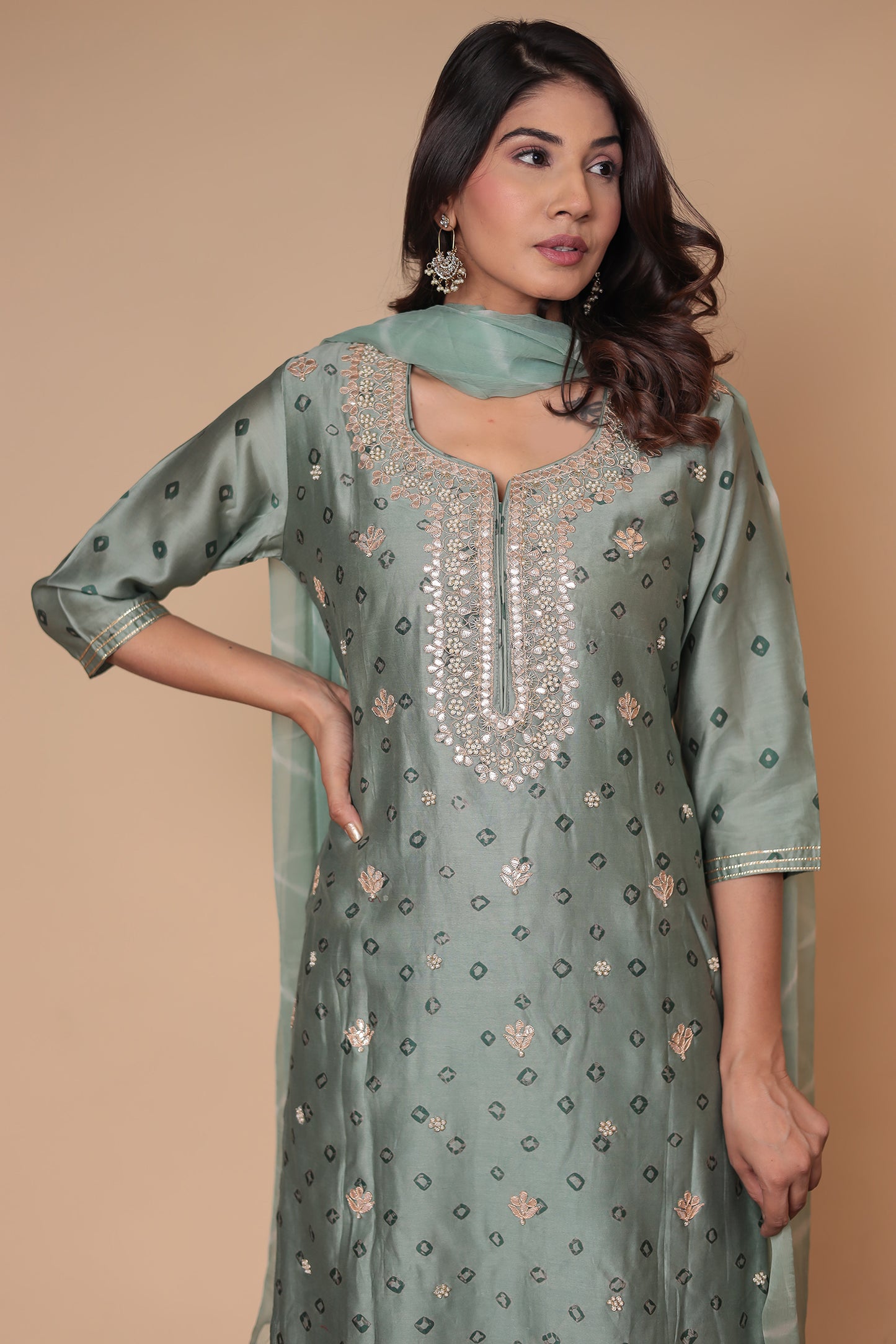 Green Kurta Sharara Set , Embroidered Indian Outfit Party Wear Suit