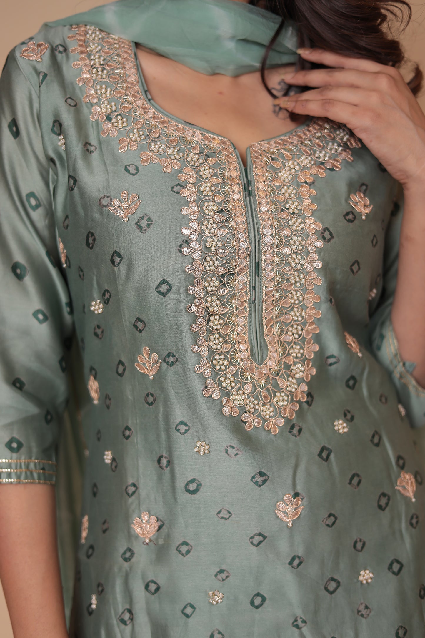 Green Kurta Sharara Set , Embroidered Indian Outfit Party Wear Suit