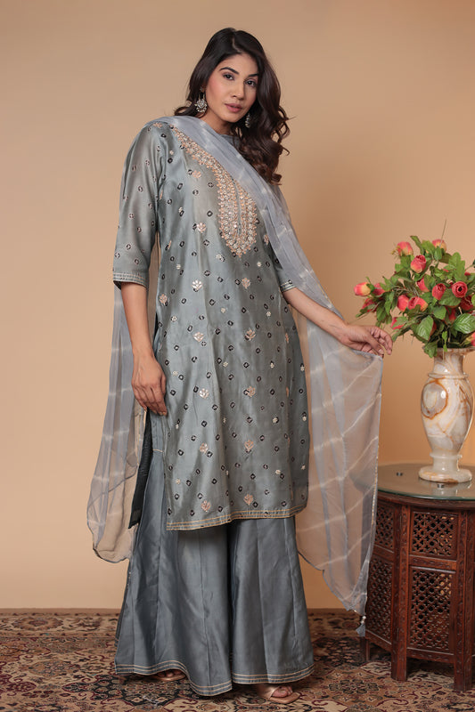 Grey Zardozi Sharara Suit, Indian Kurta Set, Wedding Guest Party Outfit