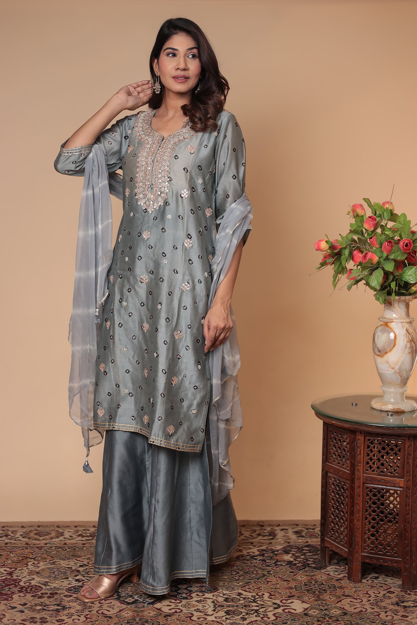 Grey Zardozi Sharara Suit, Indian Kurta Set, Wedding Guest Party Outfit