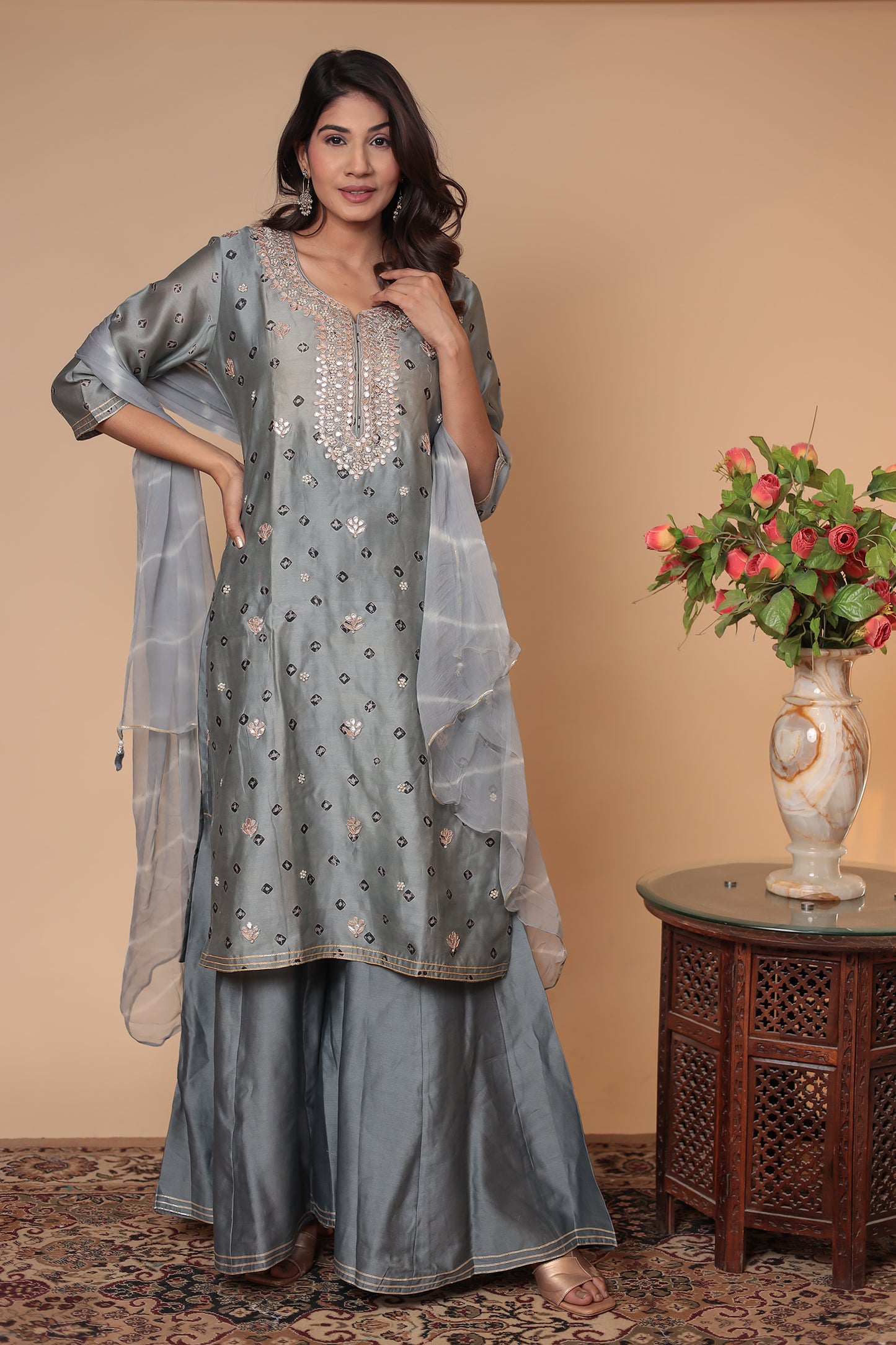 Grey Zardozi Sharara Suit, Indian Kurta Set, Wedding Guest Party Outfit