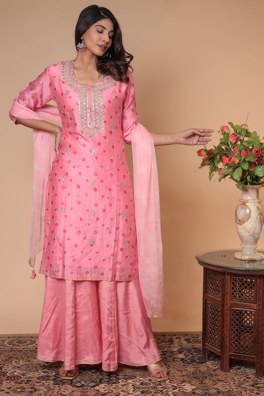 Pink Wedding Sharara Suit, Bridesmaid Haldi Outfit, Festive Zardozi Kurta Set