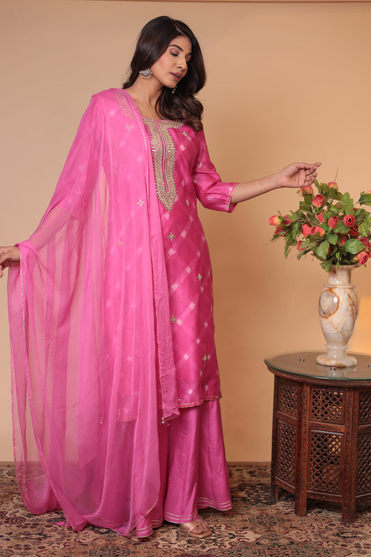 Pink Kurta Sharara Set, Wedding Guest Dress, Haldi Mehndi Outfit, Dupatta