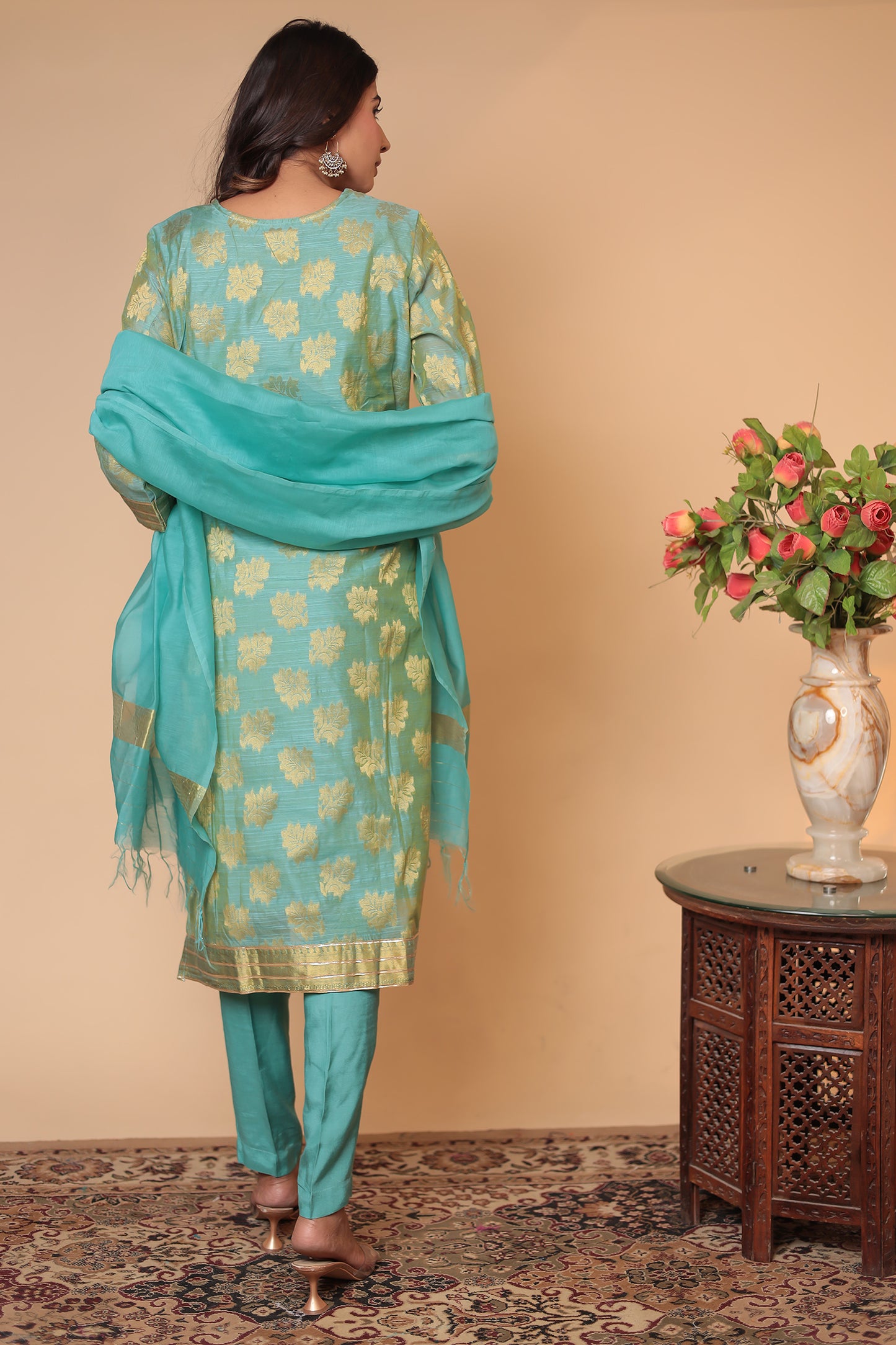 Sea Green Banarasi Kurta Set: Zari Embroidery, Indian Wedding Guest Outfit