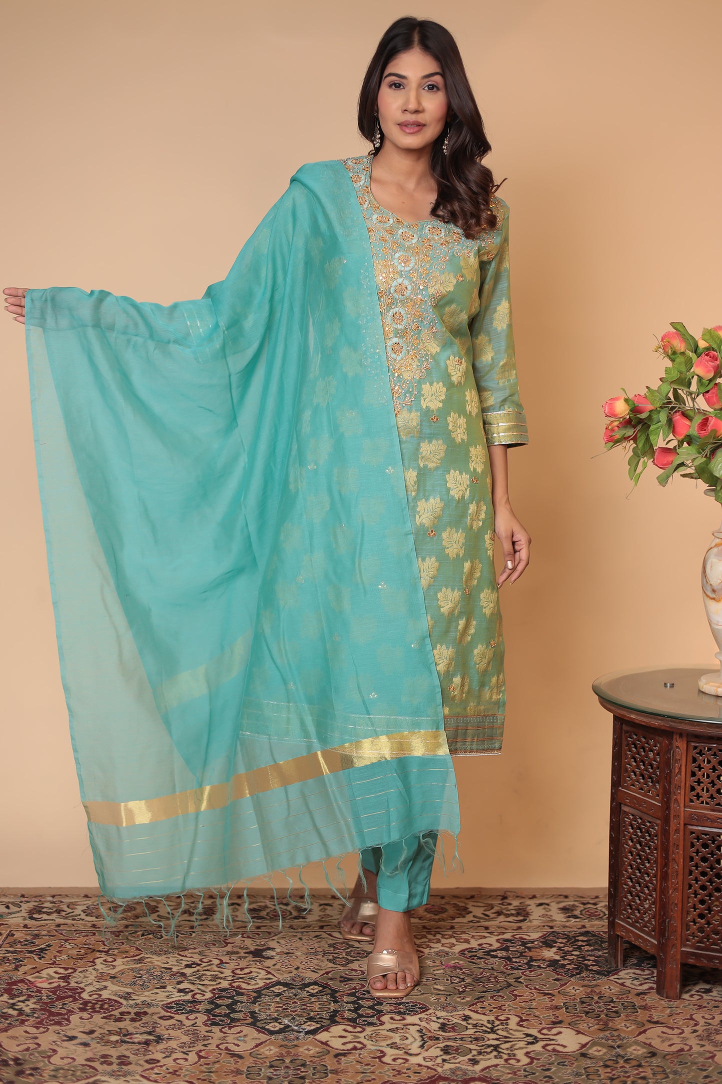 Sea Green Banarasi Kurta Set: Zari Embroidery, Indian Wedding Guest Outfit
