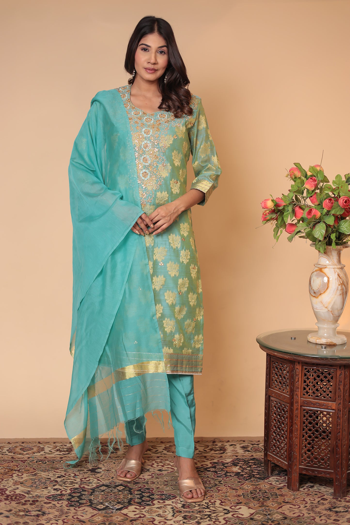 Sea Green Banarasi Kurta Set: Zari Embroidery, Indian Wedding Guest Outfit