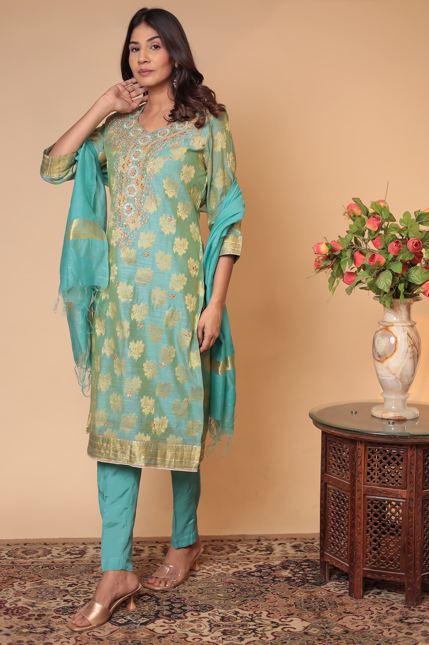 Sea Green Banarasi Kurta Set: Zari Embroidery, Indian Wedding Guest Outfit