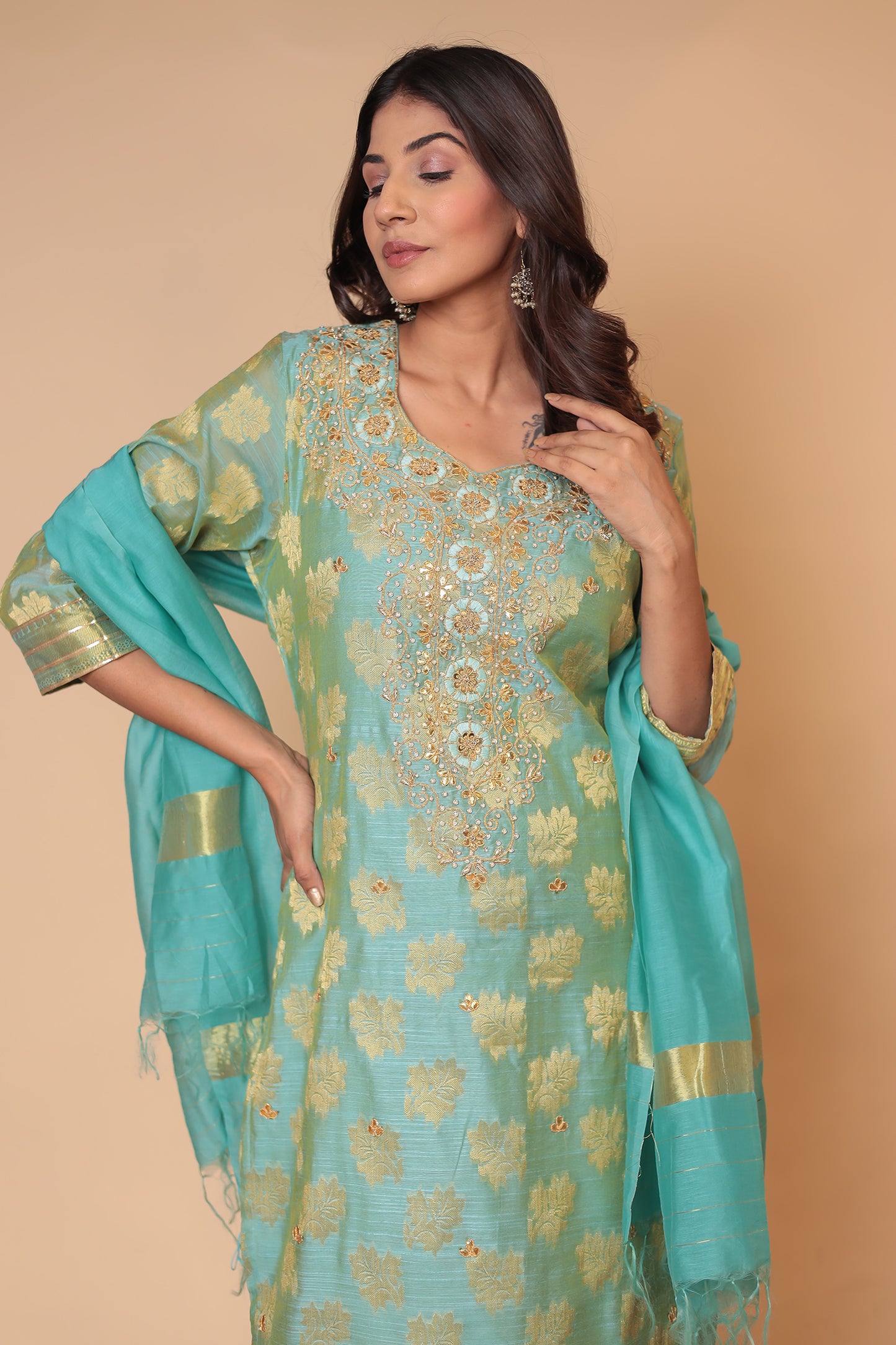 Sea Green Banarasi Kurta Set: Zari Embroidery, Indian Wedding Guest Outfit