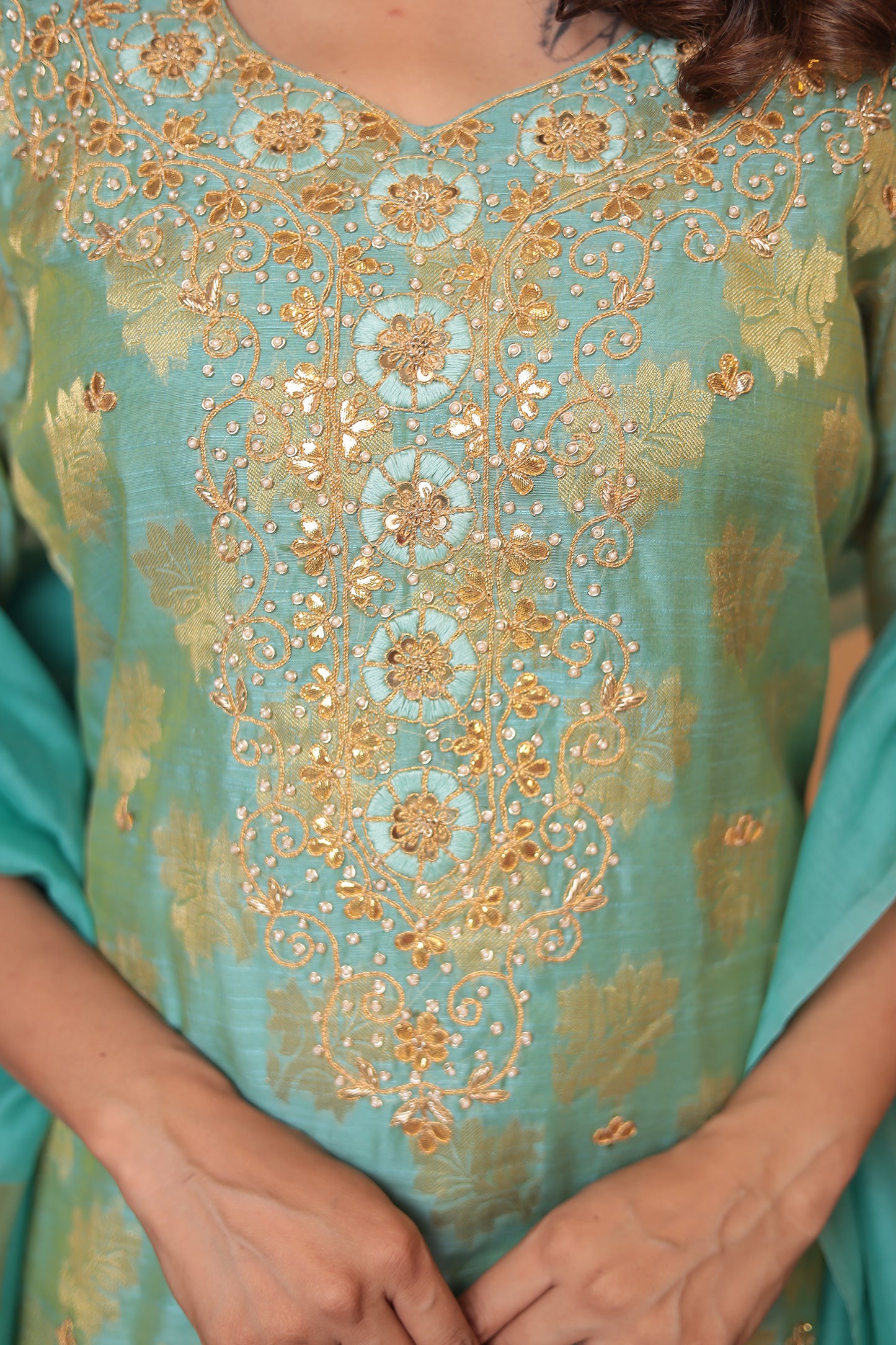 Sea Green Banarasi Kurta Set: Zari Embroidery, Indian Wedding Guest Outfit