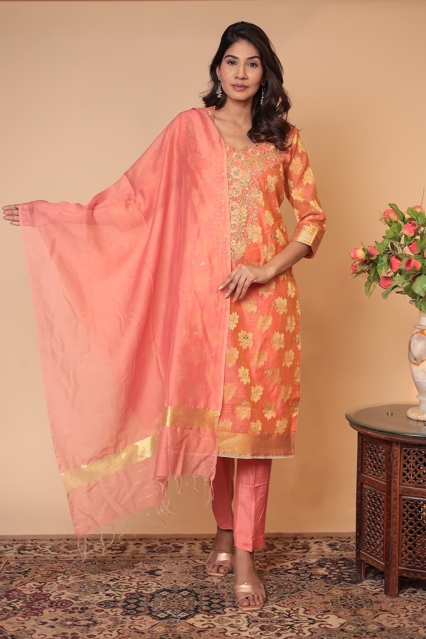 Peach Banarasi Silk Kurta Set: Indian Wedding Outfit with Zari Dupatta