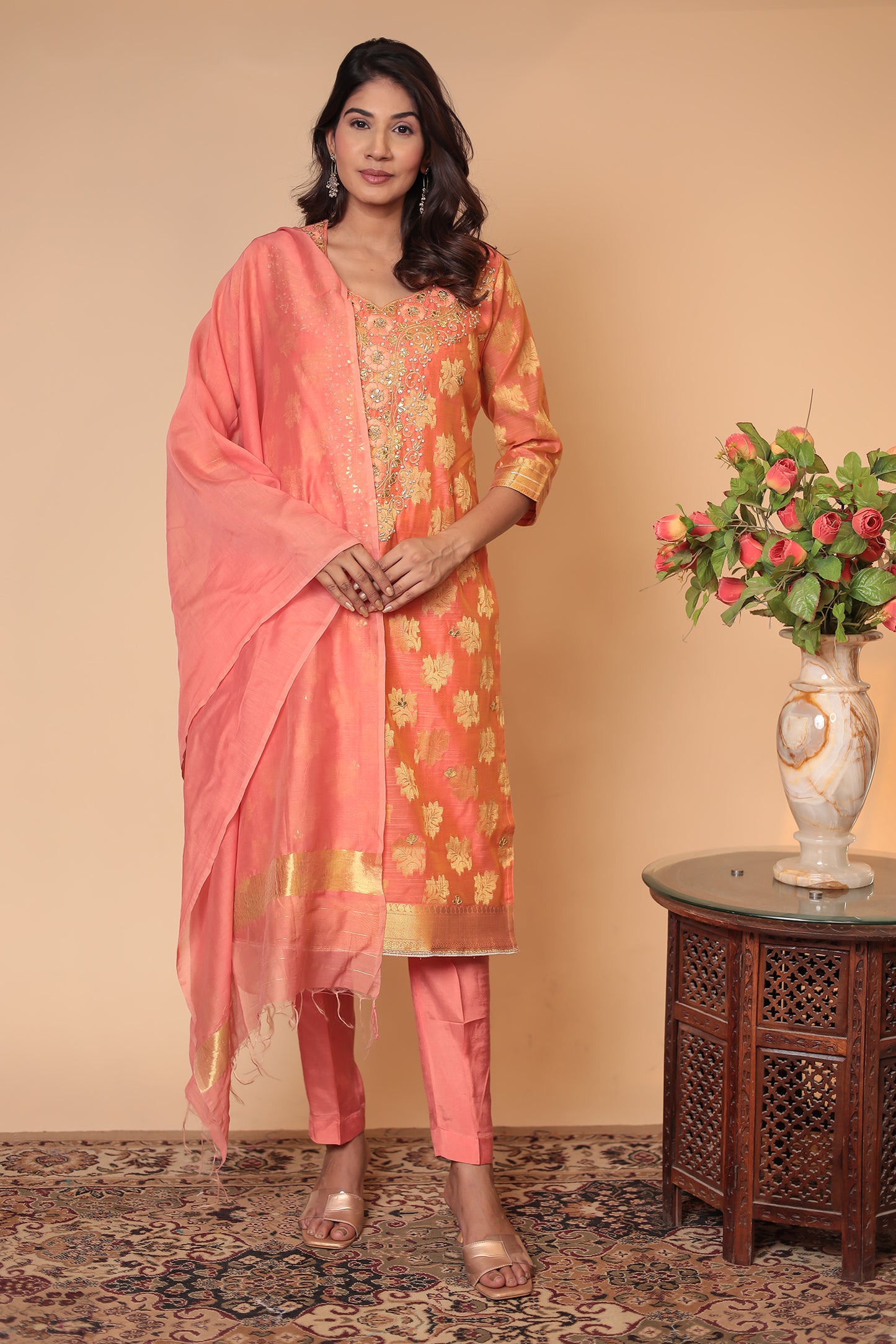Peach Banarasi Silk Kurta Set: Indian Wedding Outfit with Zari Dupatta