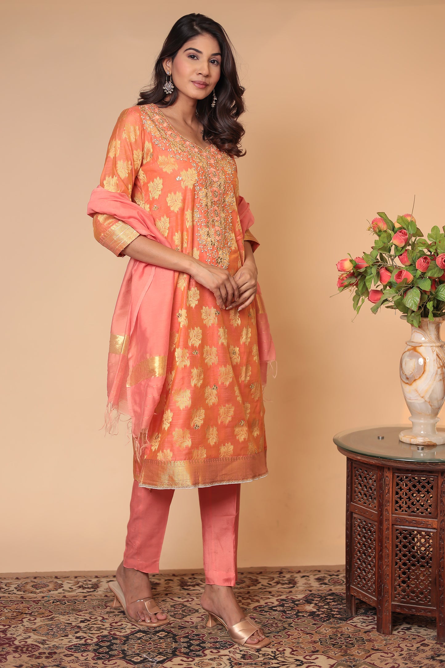 Peach Banarasi Silk Kurta Set: Indian Wedding Outfit with Zari Dupatta