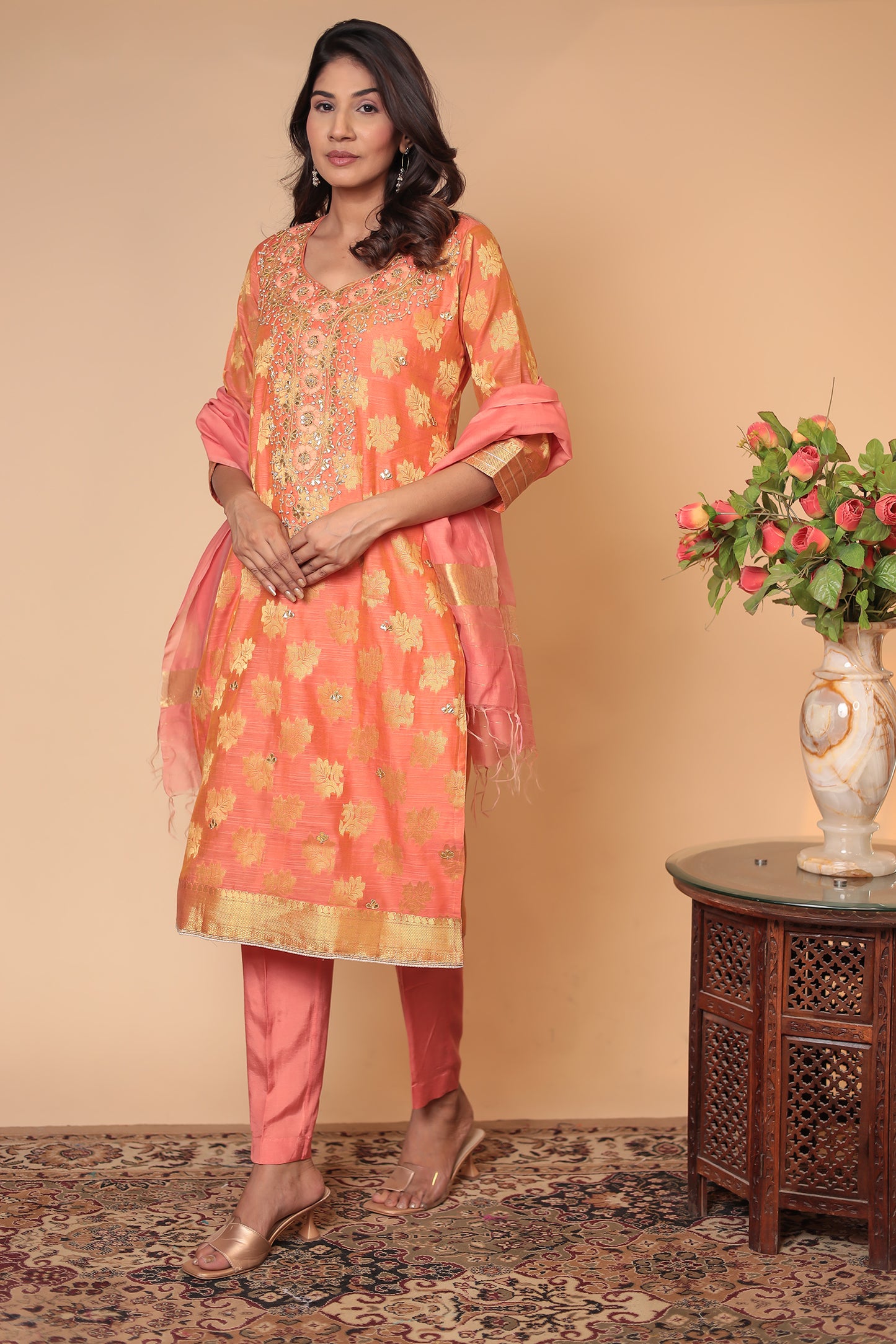 Peach Banarasi Silk Kurta Set: Indian Wedding Outfit with Zari Dupatta
