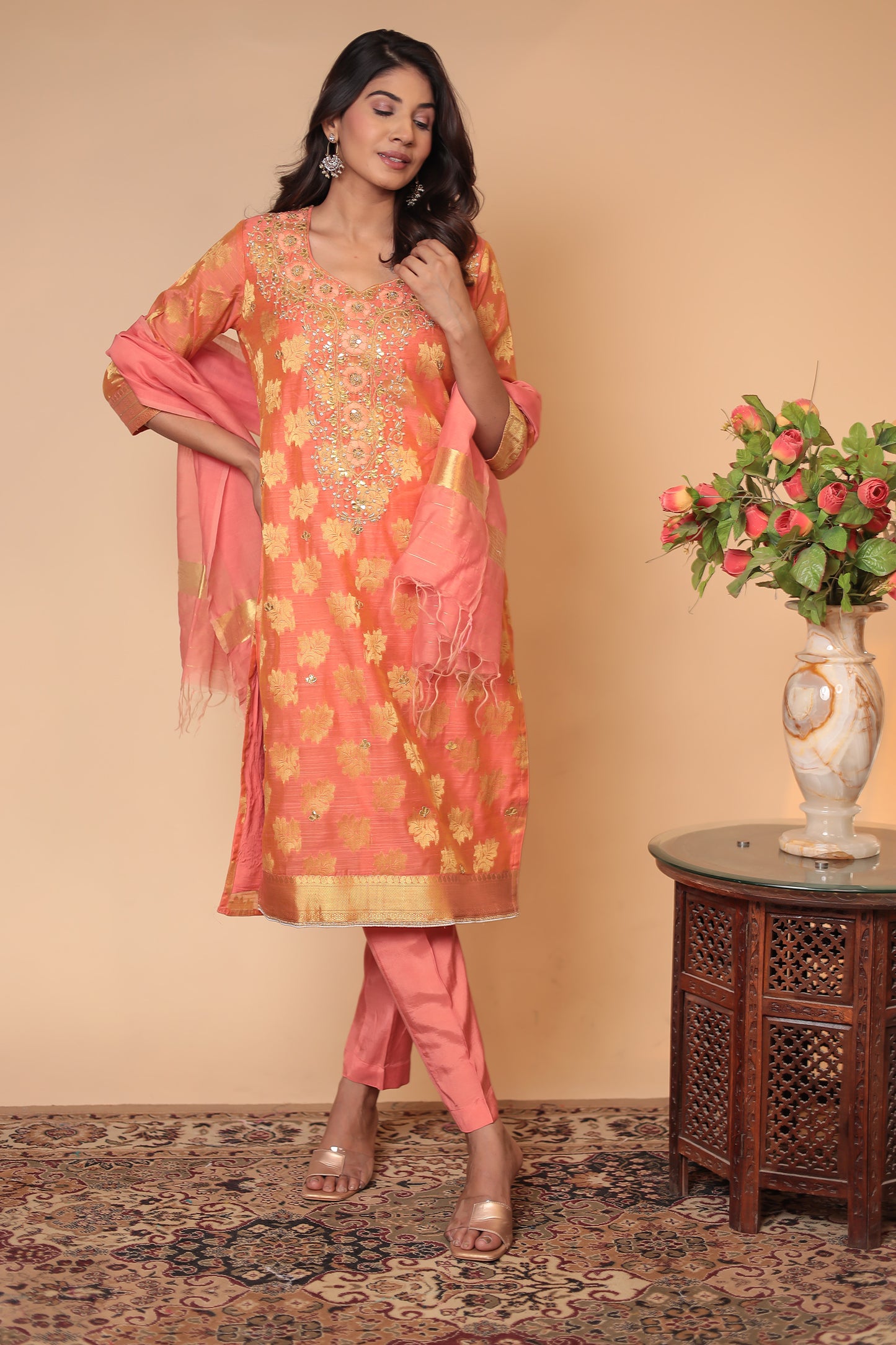 Peach Banarasi Silk Kurta Set: Indian Wedding Outfit with Zari Dupatta