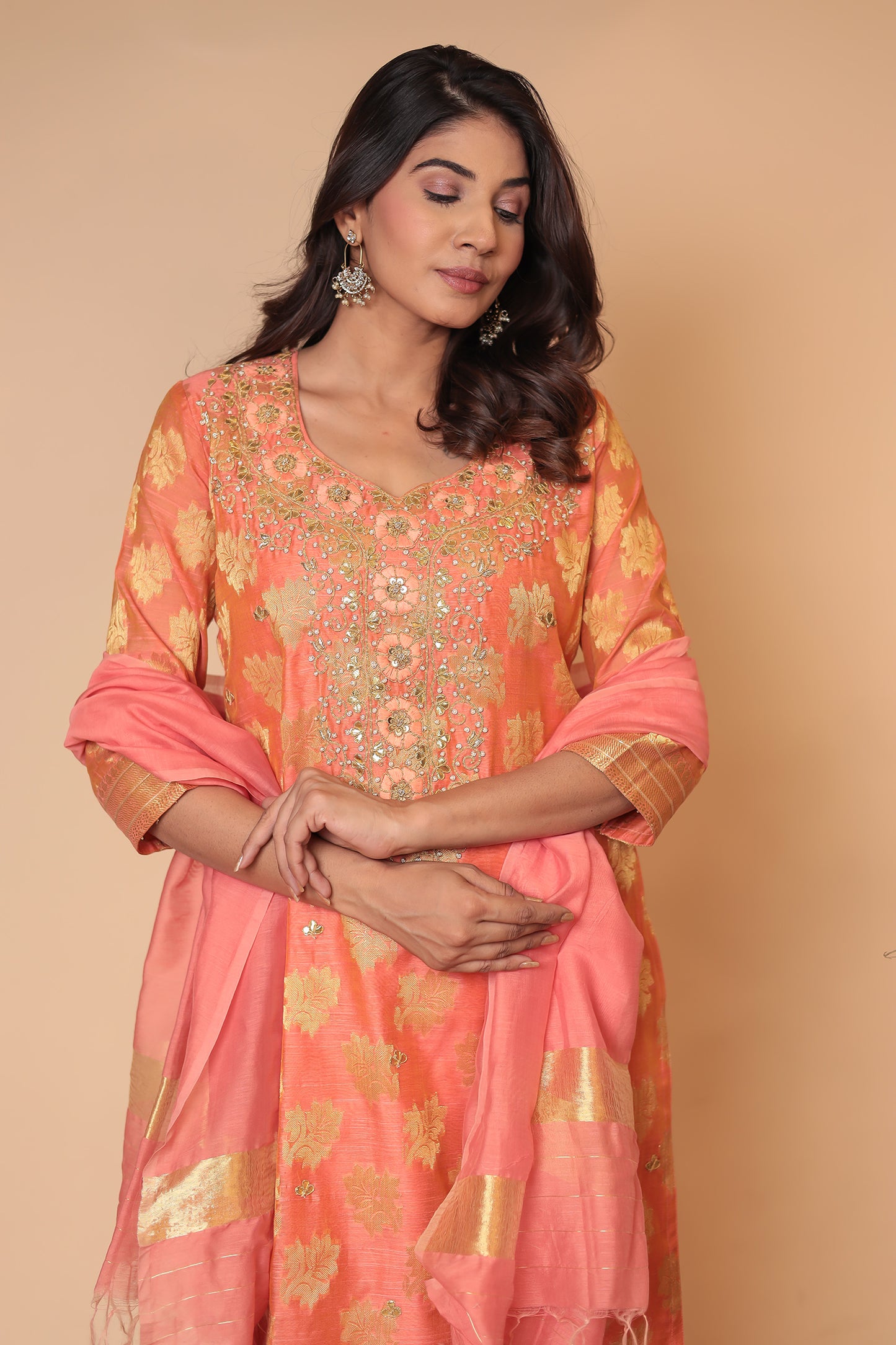 Peach Banarasi Silk Kurta Set: Indian Wedding Outfit with Zari Dupatta